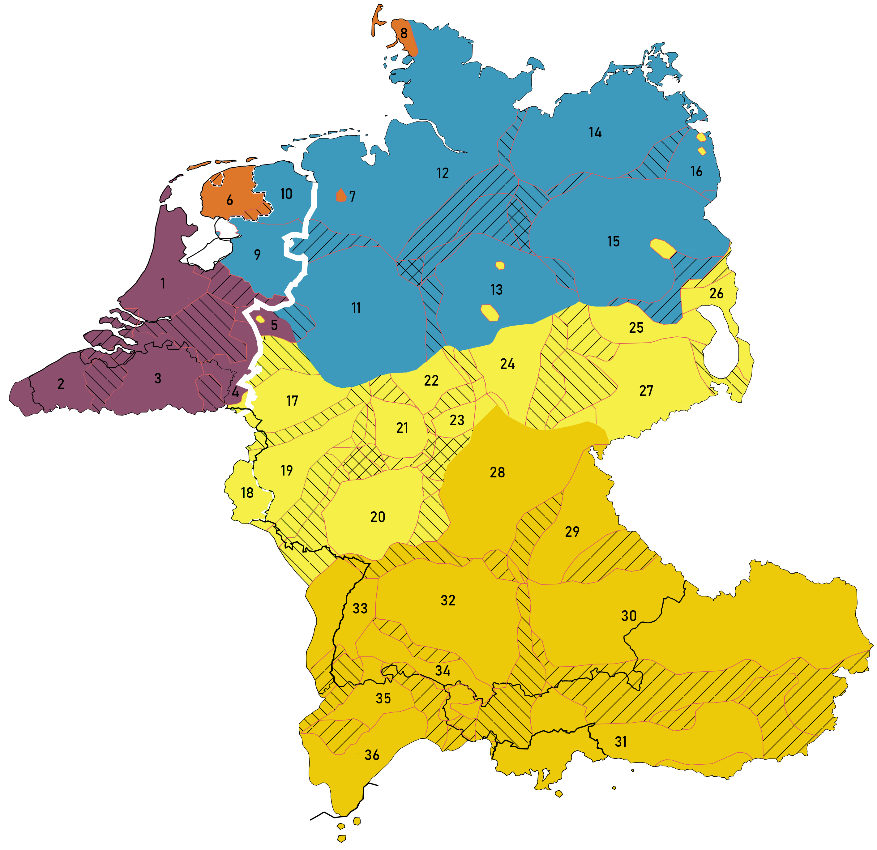 West Germanic Dialectcontinumm according to Wiesinger, Heering, Konig